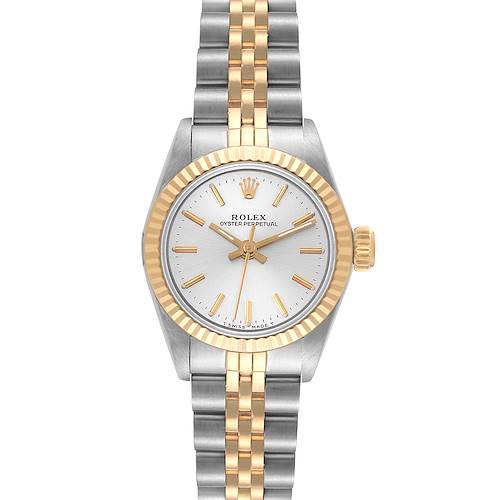 This image shows a front view of a Rolex Oyster Perpetual 67193 Women's Steel and Gold (two tone) Silver Dial 67193 Women's Steel and Gold (two tone) Silver Dial watch with a silver dial and two-tone gold and silver bracelet.