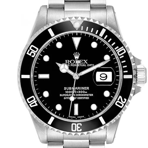 The image shows a front view of the Rolex Submariner 16610 Men's Stainless Steel Black Dial 16610 Men's Stainless Steel Black Dial, displaying its face, bezel, crown, and part of the bracelet.