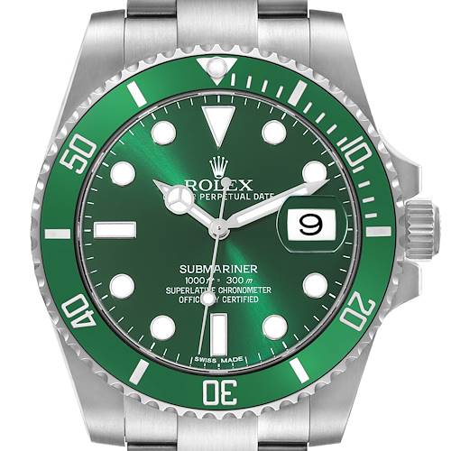 This image shows a close-up of the Rolex Submariner 116610LV Men's Stainless Steel Green Dial 116610LV Men's Stainless Steel Green Dial watch face, including the green bezel, dial, and date window at 3 o'clock.