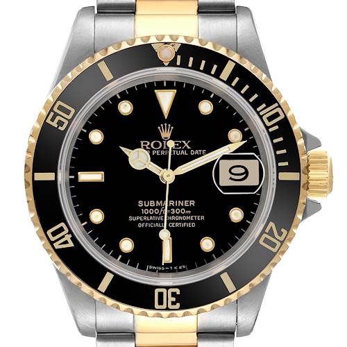 The image shows a frontal view of the Rolex Submariner 16613 Men's Steel and Gold (two tone) Black Dial 16613 Men's Steel and Gold (two tone) Black Dial watch, featuring the bezel, dial, hands, and date window.