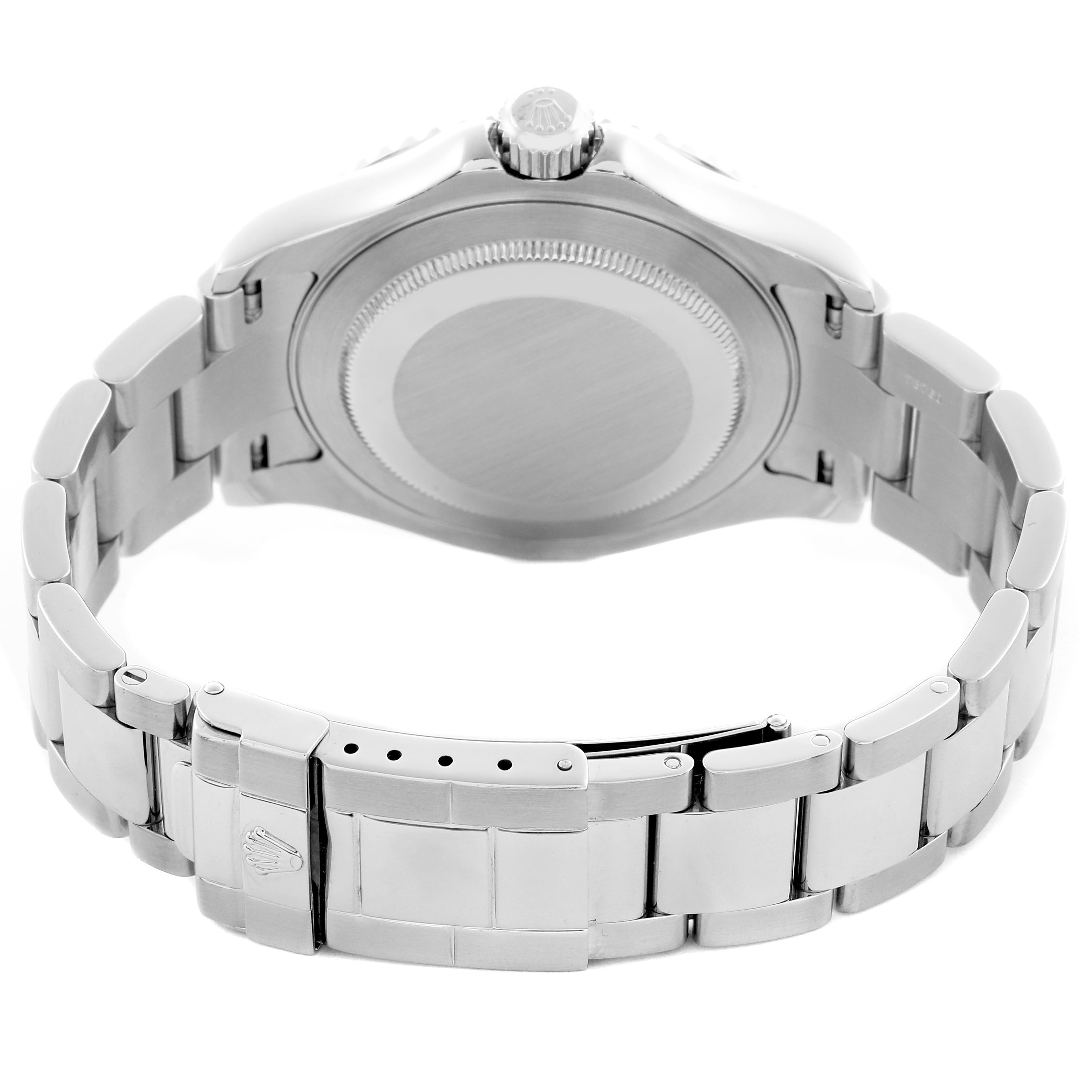 The image shows the back view of a Rolex Yacht-Master 16622 Men's Stainless Steel Silver Dial 16622 Men's Stainless Steel Silver Dial, highlighting the watch's case back and metal bracelet clasp.