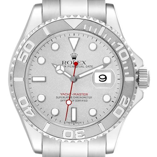 The image shows a front view of a Rolex Yacht-Master 16622 Men's Stainless Steel Silver Dial 16622 Men's Stainless Steel Silver Dial watch, highlighting the dial, bezel, and crown.