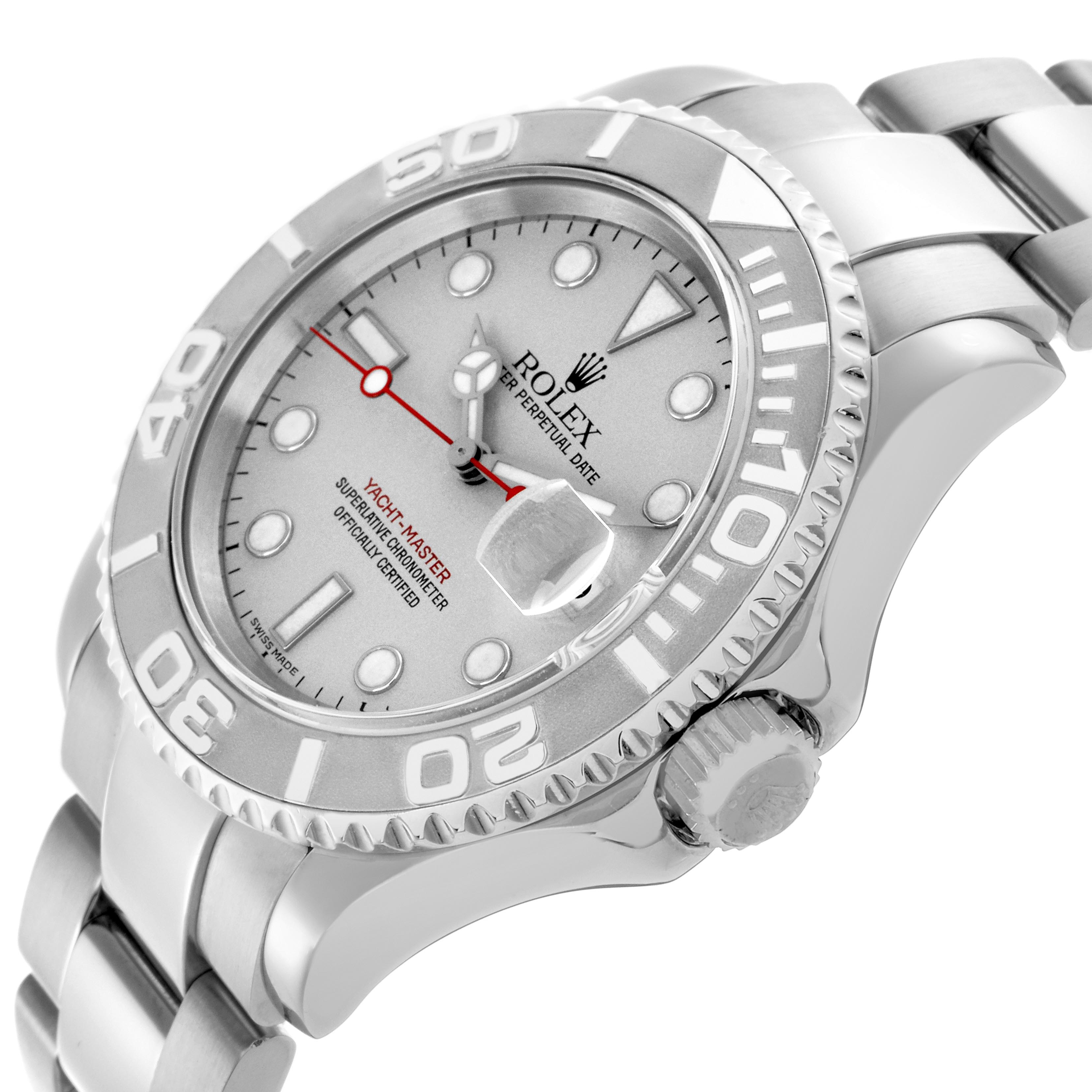 The Rolex Yacht-Master 16622 Men's Stainless Steel Silver Dial 16622 Men's Stainless Steel Silver Dial watch is viewed at an angle showing the bezel, crown, dial, and part of the bracelet.