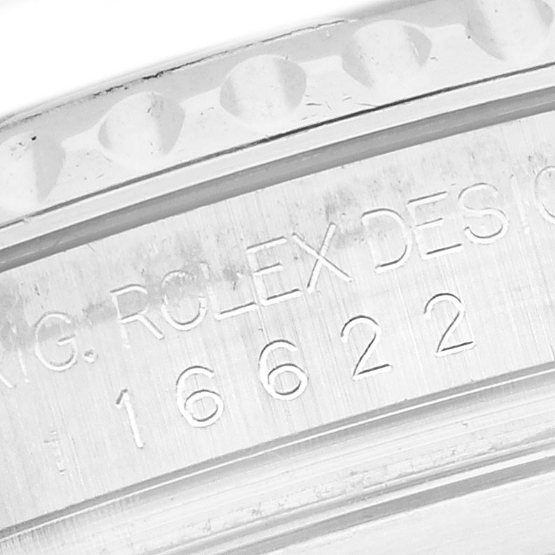 The image shows a close-up of the engraved side case with the reference number of a Rolex Yacht-Master 16622 Men's Stainless Steel Silver Dial 16622 Men's Stainless Steel Silver Dial watch.