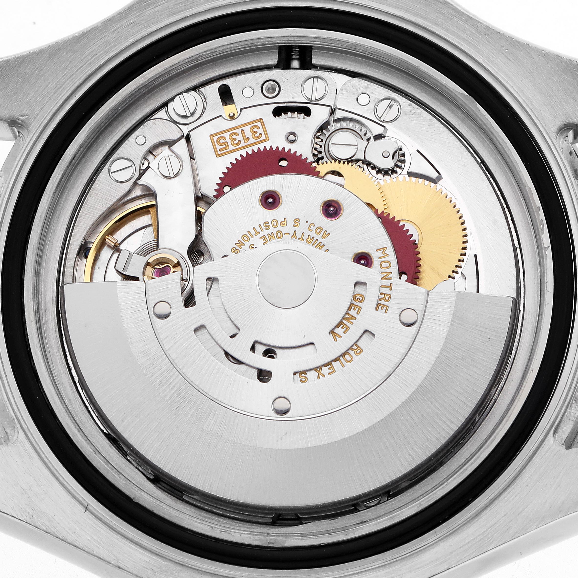 The image shows the movement of a Rolex Yacht-Master 16622 Men's Stainless Steel Silver Dial 16622 Men's Stainless Steel Silver Dial watch from a back view, highlighting gears and mechanisms.