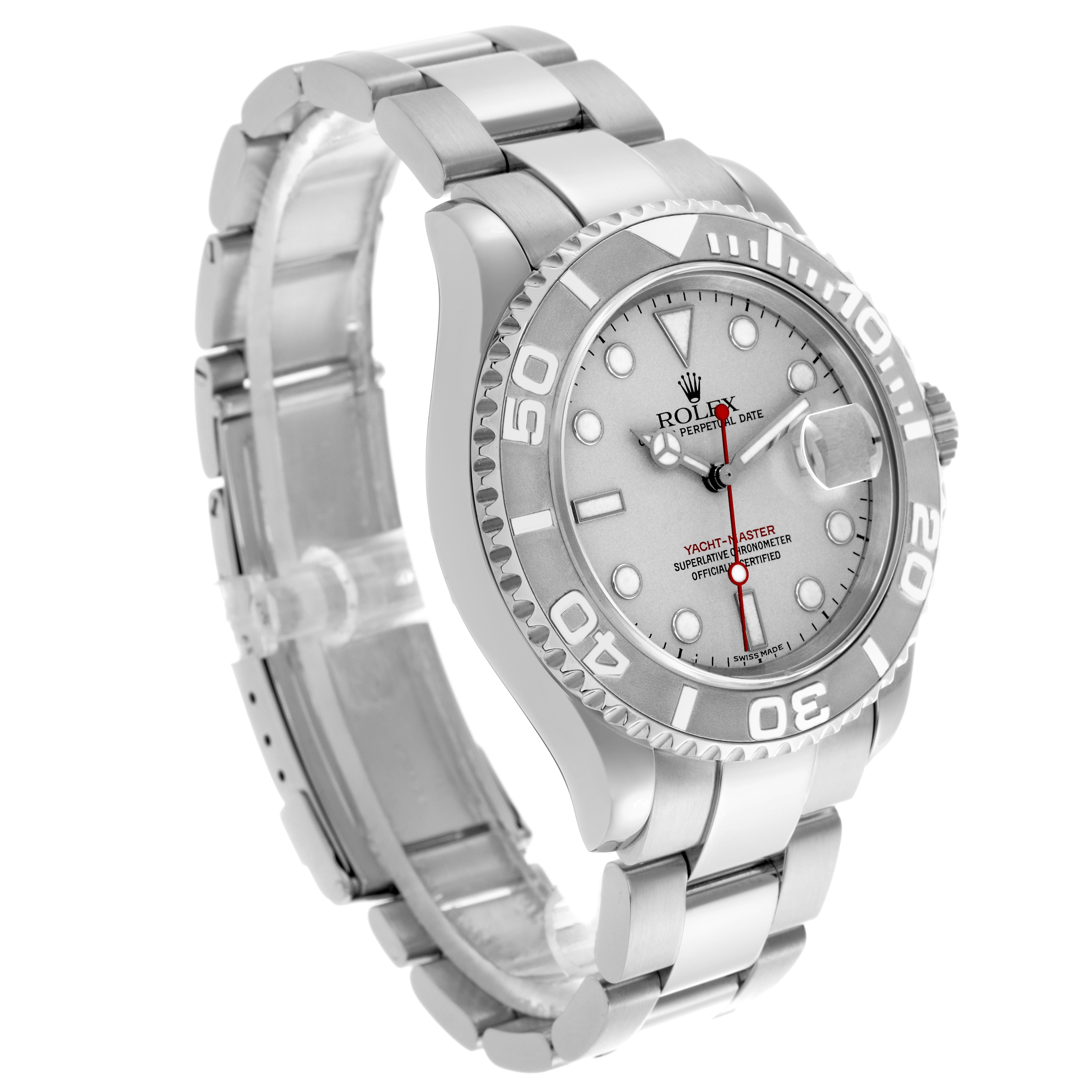 The Rolex Yacht-Master 16622 Men's Stainless Steel Silver Dial 16622 Men's Stainless Steel Silver Dial watch is shown at a 3/4 angle, displaying the face, bezel, case, and bracelet.
