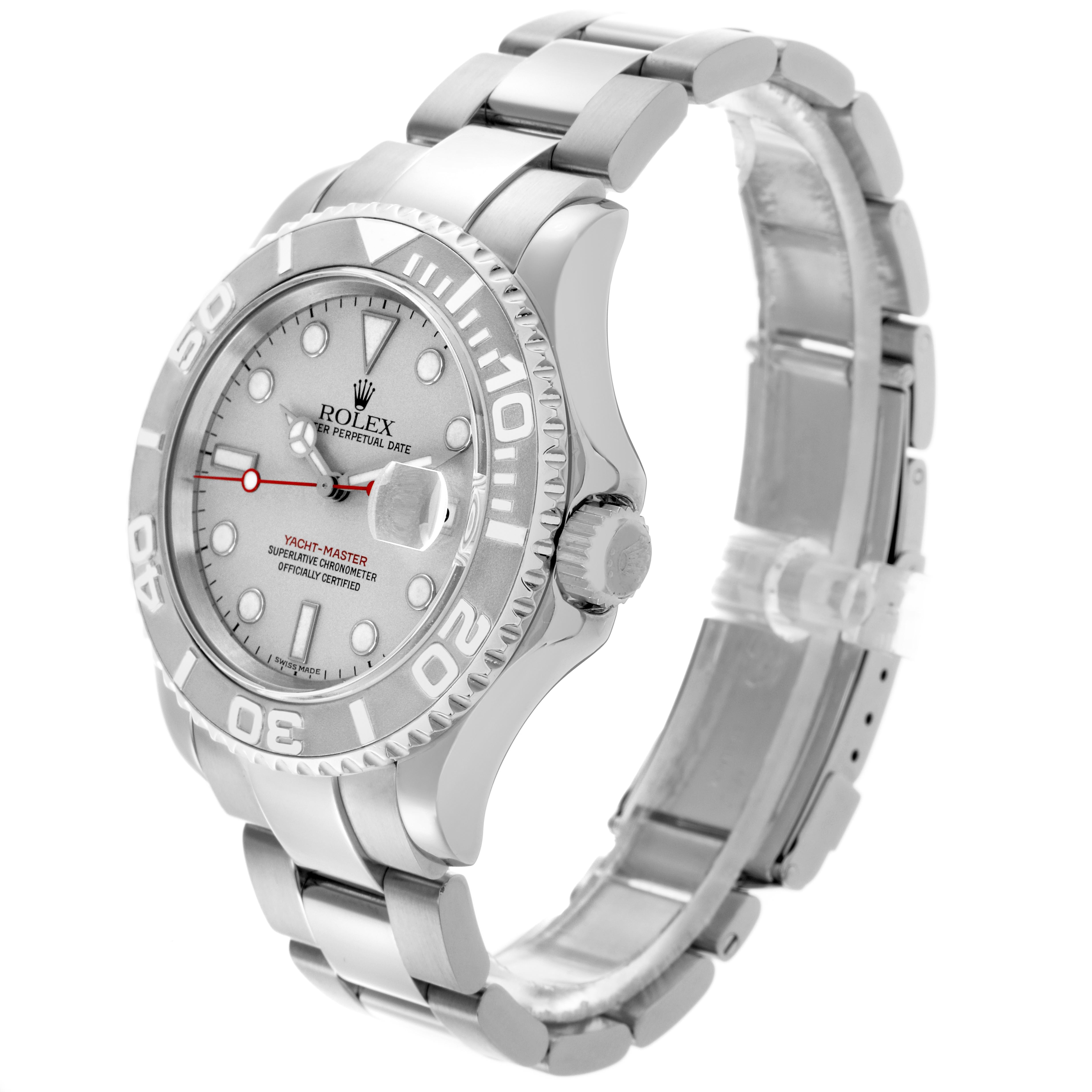 The Yacht-Master by Rolex is shown from a three-quarter angle, displaying the face, bezel, crown, and bracelet.