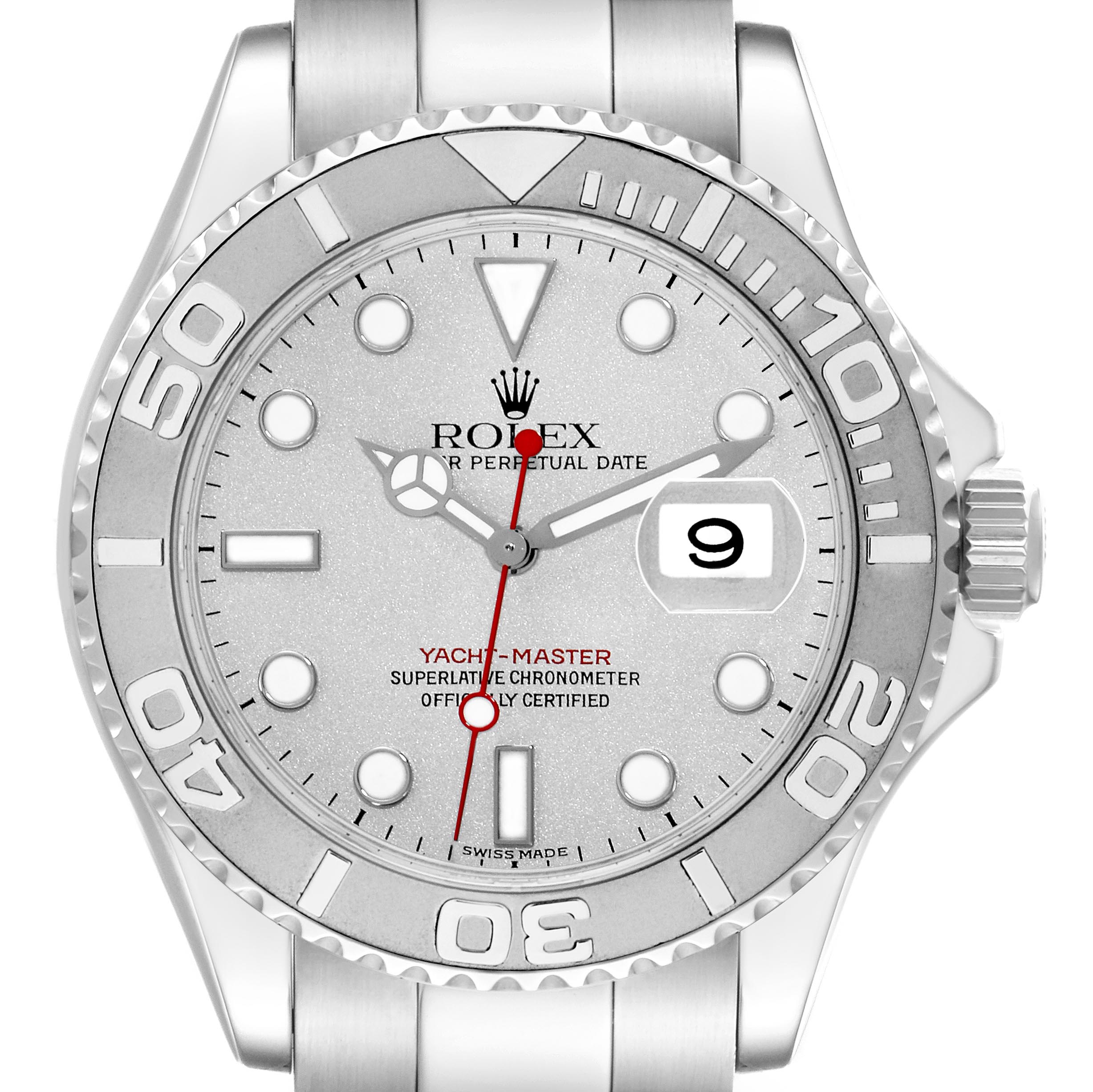 The image shows a front view of the Rolex Yacht-Master 16622 Men's Stainless Steel Silver Dial 16622 Men's Stainless Steel Silver Dial watch, highlighting the bezel, dial, and date window.