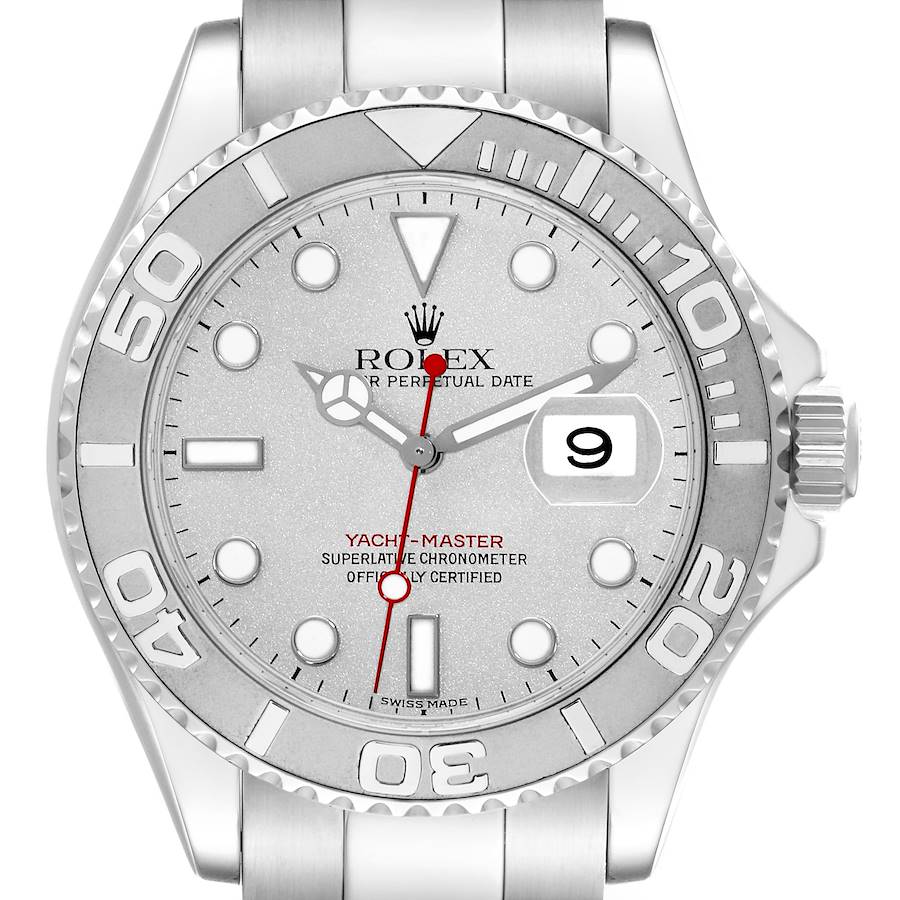 The image shows a front view of the Rolex Yacht-Master 16622 Men's Stainless Steel Silver Dial 16622 Men's Stainless Steel Silver Dial watch, highlighting the bezel, dial, and date window.