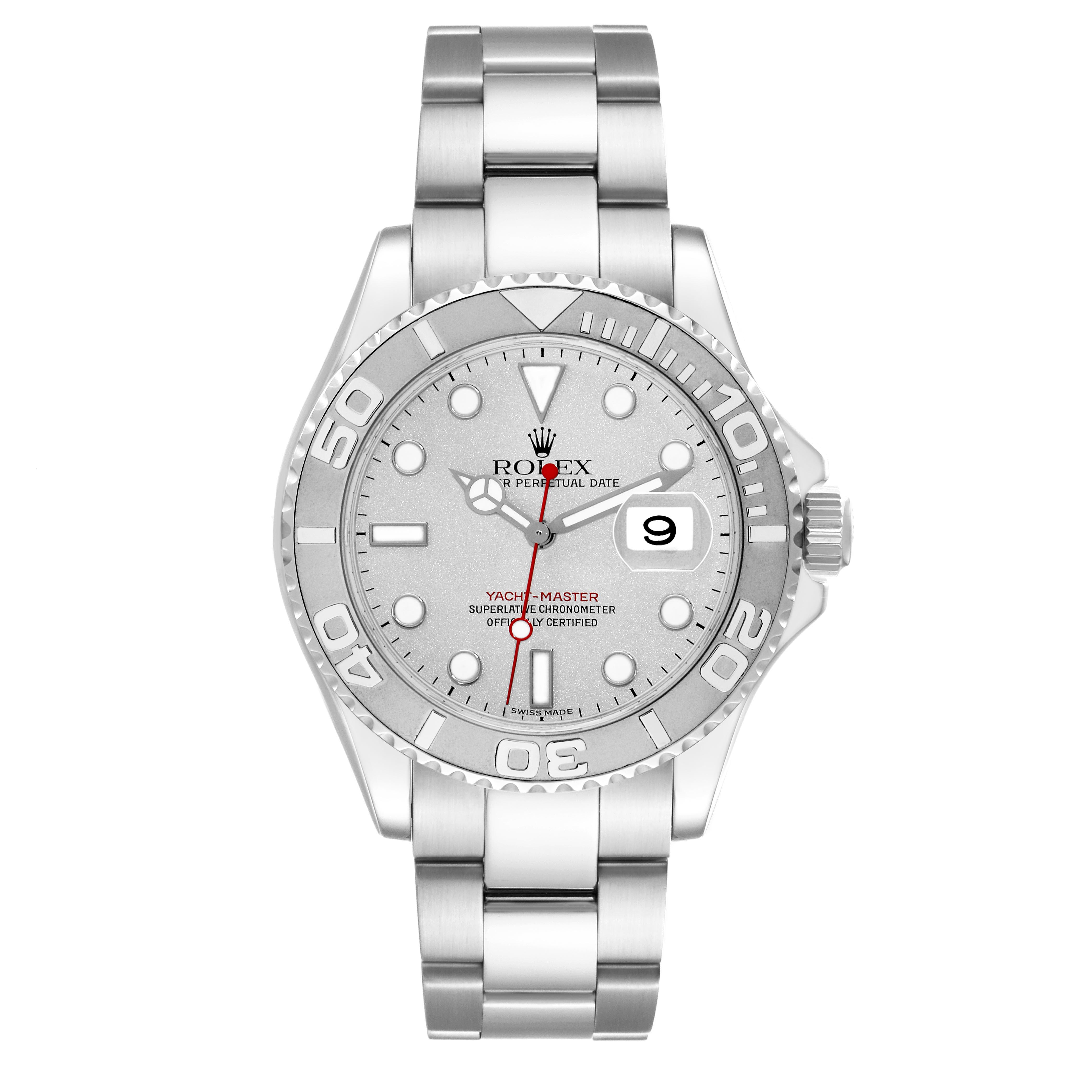 The image shows a frontal view of the Rolex Yacht-Master 16622 Men's Stainless Steel Silver Dial 16622 Men's Stainless Steel Silver Dial watch, displaying the dial, bezel, bracelet, and crown clearly.