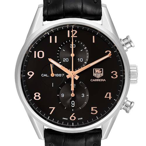 Front view of a Tag Heuer Carrera CAR2014.BA0796 Men's Stainless Steel Black Dial CAR2014.BA0796 Men's Stainless Steel Black Dial watch showing its black dial, gold numerals, and chronograph features.