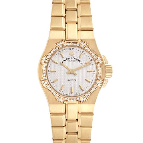 The Vacheron Constantin Overseas 16550.423J Women's Yellow Gold Silver Dial 16550.423J Women's Yellow Gold Silver Dial watch is shown from the front, highlighting its gold bracelet and diamond-studded bezel.