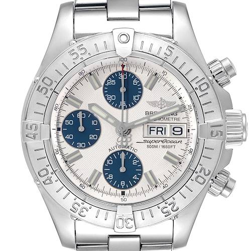 The image shows a front view of a Breitling Superocean A111G49PRS Men's Stainless Steel Silver Dial A111G49PRS Men's Stainless Steel Silver Dial watch, highlighting its dial, bezel, sub-dials, date display, and pushbuttons.