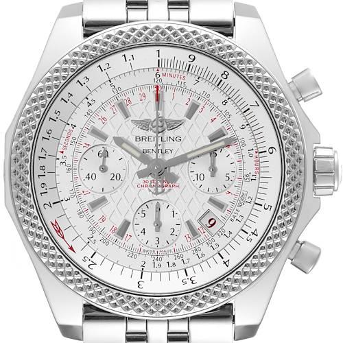 This image shows a frontal view of a Breitling Bentley AB061221/G810 Men's Stainless Steel Silver Dial AB061221/G810 Men's Stainless Steel Silver Dial watch, highlighting its intricate dial, bezel, and chronograph subdials.
