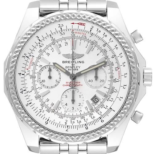 The Breitling Bentley A25362 Men's Stainless Steel Silver Dial A25362 Men's Stainless Steel Silver Dial watch is shown from the front, displaying its face, bezel, crown, and part of the bracelet.