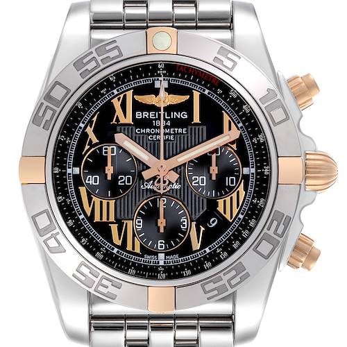 The Breitling Chronomat IB0110 Men's Steel and Gold (two tone) Black Dial IB0110 Men's Steel and Gold (two tone) Black Dial watch is shown from the front, displaying the face, bezel, and crown.
