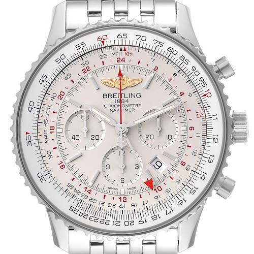 This is a close-up view of the dial and bezel of the Breitling Navitimer AB0441 Men's Stainless Steel Silver Dial AB0441 Men's Stainless Steel Silver Dial watch.