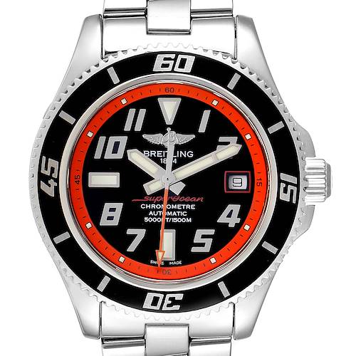 This image shows the Breitling Superocean A17364 Men's Stainless Steel Black Dial A17364 Men's Stainless Steel Black Dial watch from a front view, displaying the bezel, dial, hands, and bracelet.