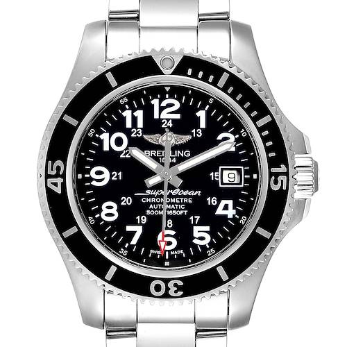 The image shows a front-facing view of the Breitling Superocean A17365 Men's Stainless Steel Black Dial A17365 Men's Stainless Steel Black Dial watch displaying the dial, bezel, and part of the bracelet.