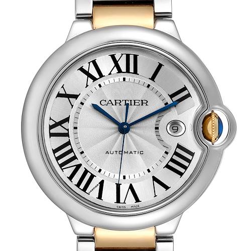 The Cartier Ballon Bleu W6900923 Men's Steel and Gold (two tone) Silver Dial W6900923 Men's Steel and Gold (two tone) Silver Dial watch is shown from the front, highlighting its dial with Roman numerals, blue hands, and date window.