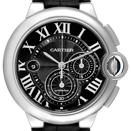 The image shows a front, close-up view of a Cartier Ballon Bleu W6920052 Men's Stainless Steel Black Dial W6920052 Men's Stainless Steel Black Dial watch displaying its face and roman numerals.