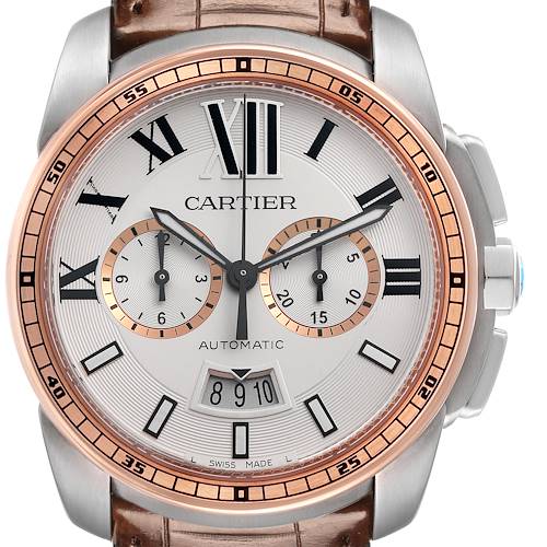 The Calibre de Cartier watch is shown from the front, displaying its dial, bezel, sub-dials, date window, and leather strap.