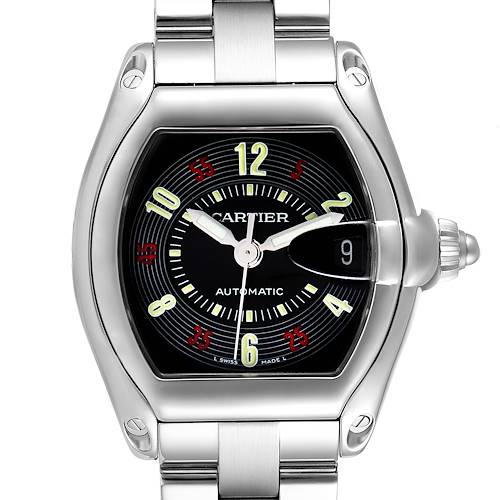 The image shows a front view of the Cartier Roadster W62002V3 Men's Stainless Steel Black Dial W62002V3 Men's Stainless Steel Black Dial watch, displaying the dial, hands, date window, and part of the bracelet.