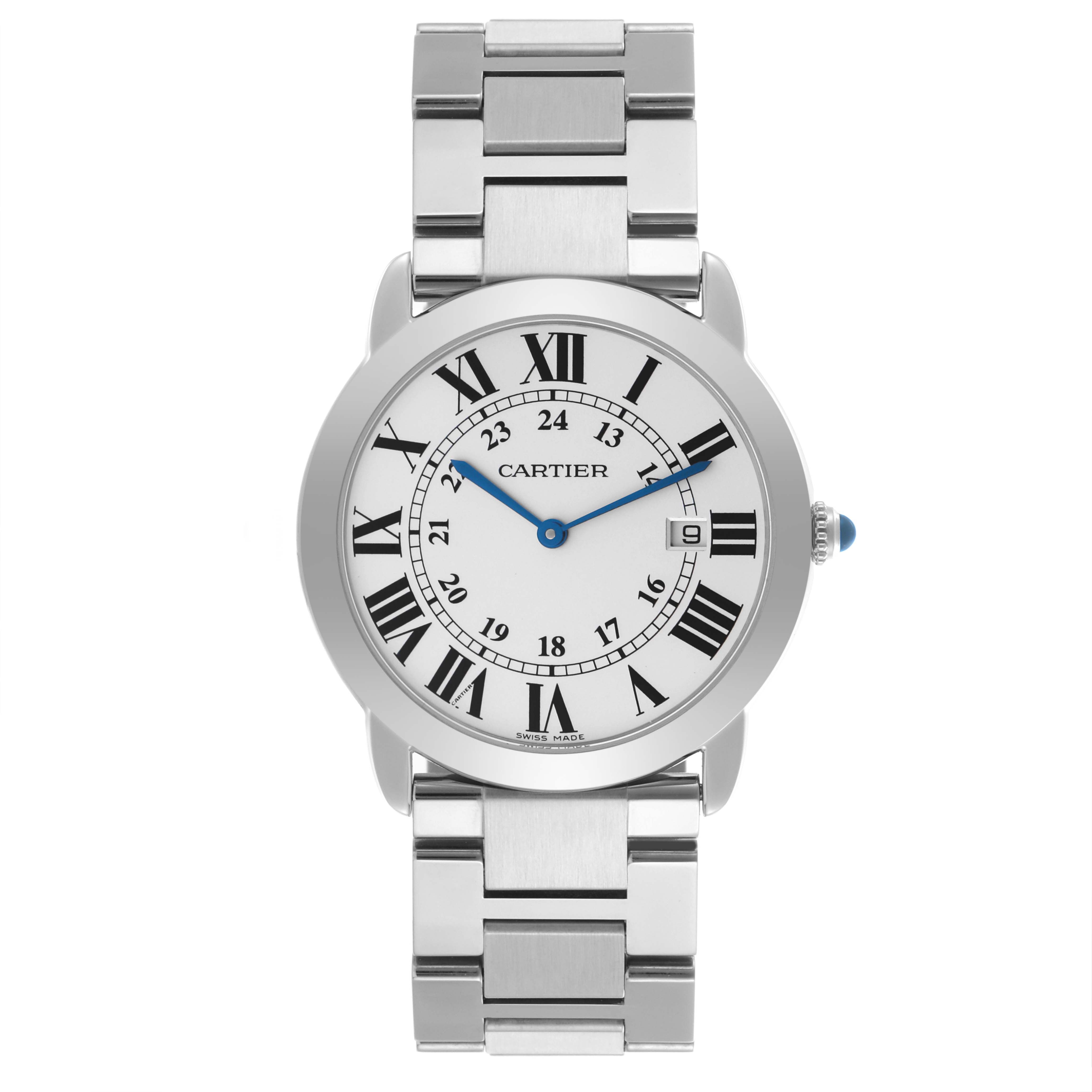 The Cartier Ronde W6701005 Men's Stainless Steel Silver Dial W6701005 Men's Stainless Steel Silver Dial watch is shown from a front angle, displaying its Roman numeral dial, blue hands, date window, and metal bracelet.