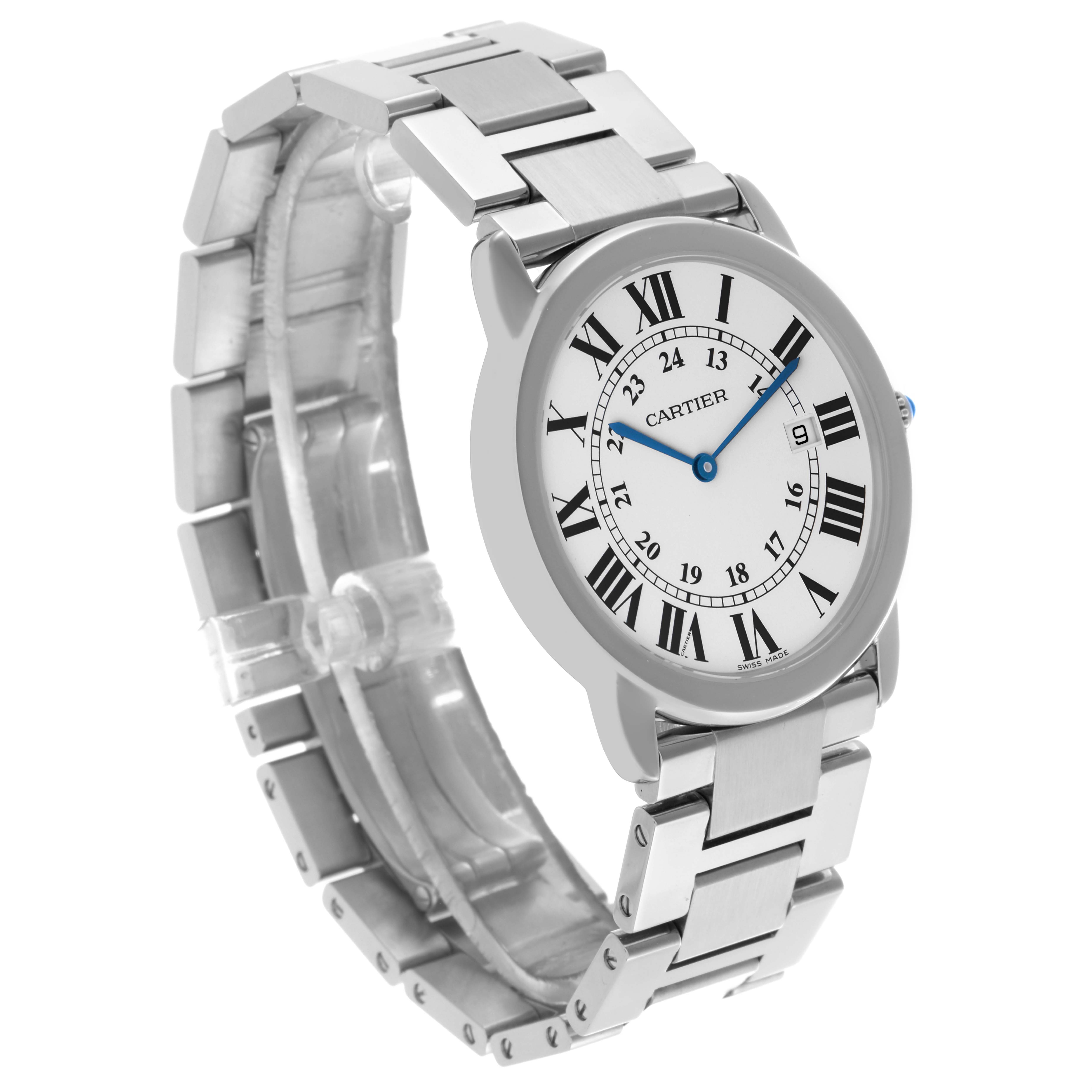 The Ronde model by Cartier is shown at a slight angle, highlighting the dial, Roman numerals, and metal bracelet.