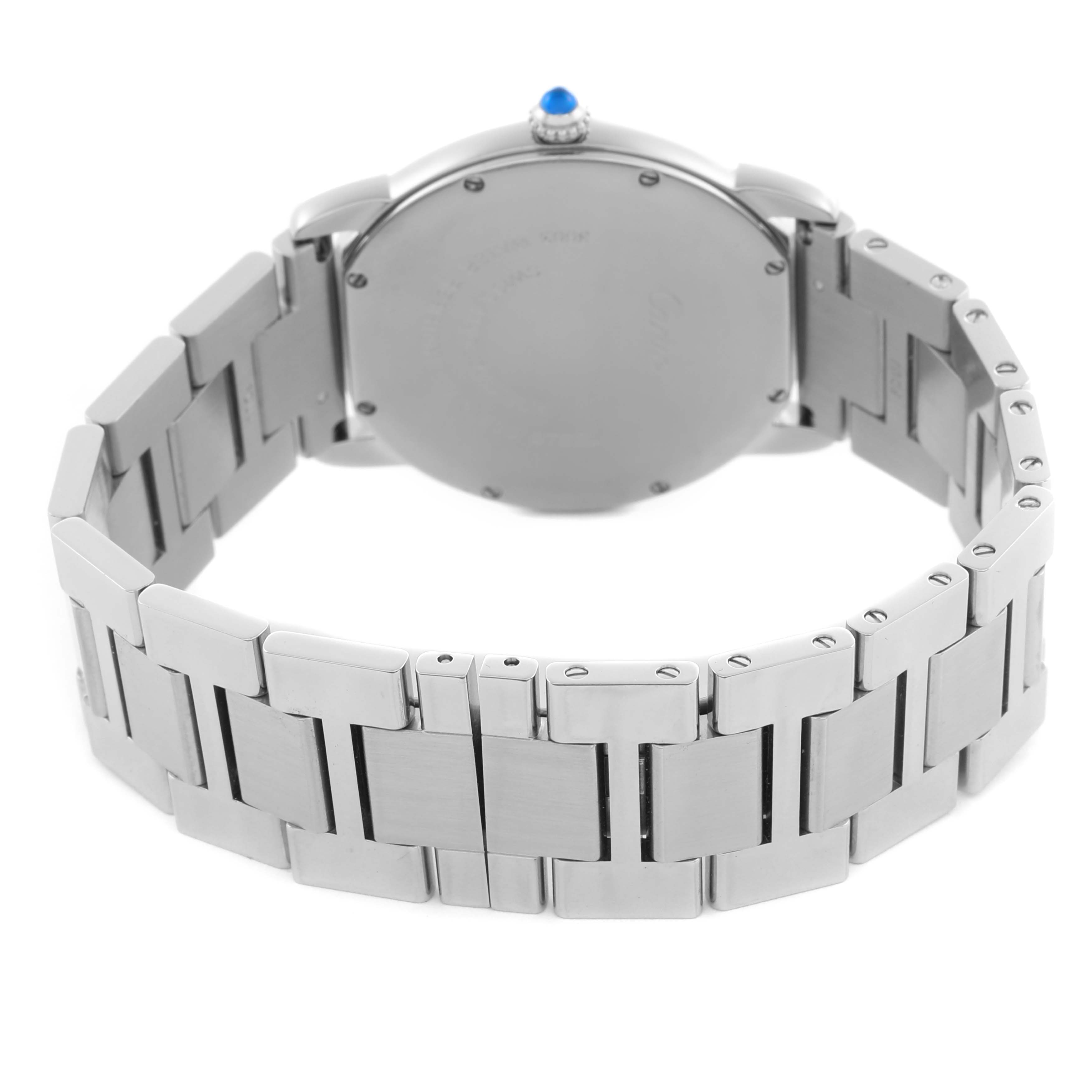 The Cartier Ronde W6701005 Men's Stainless Steel Silver Dial W6701005 Men's Stainless Steel Silver Dial watch is shown from the back, highlighting the case, bracelet links, and the crown with a blue cabochon.