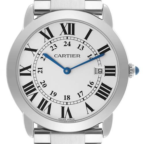 The Cartier Ronde W6701005 Men's Stainless Steel Silver Dial W6701005 Men's Stainless Steel Silver Dial watch is shown from the front, highlighting the face, Roman numerals, and crown.