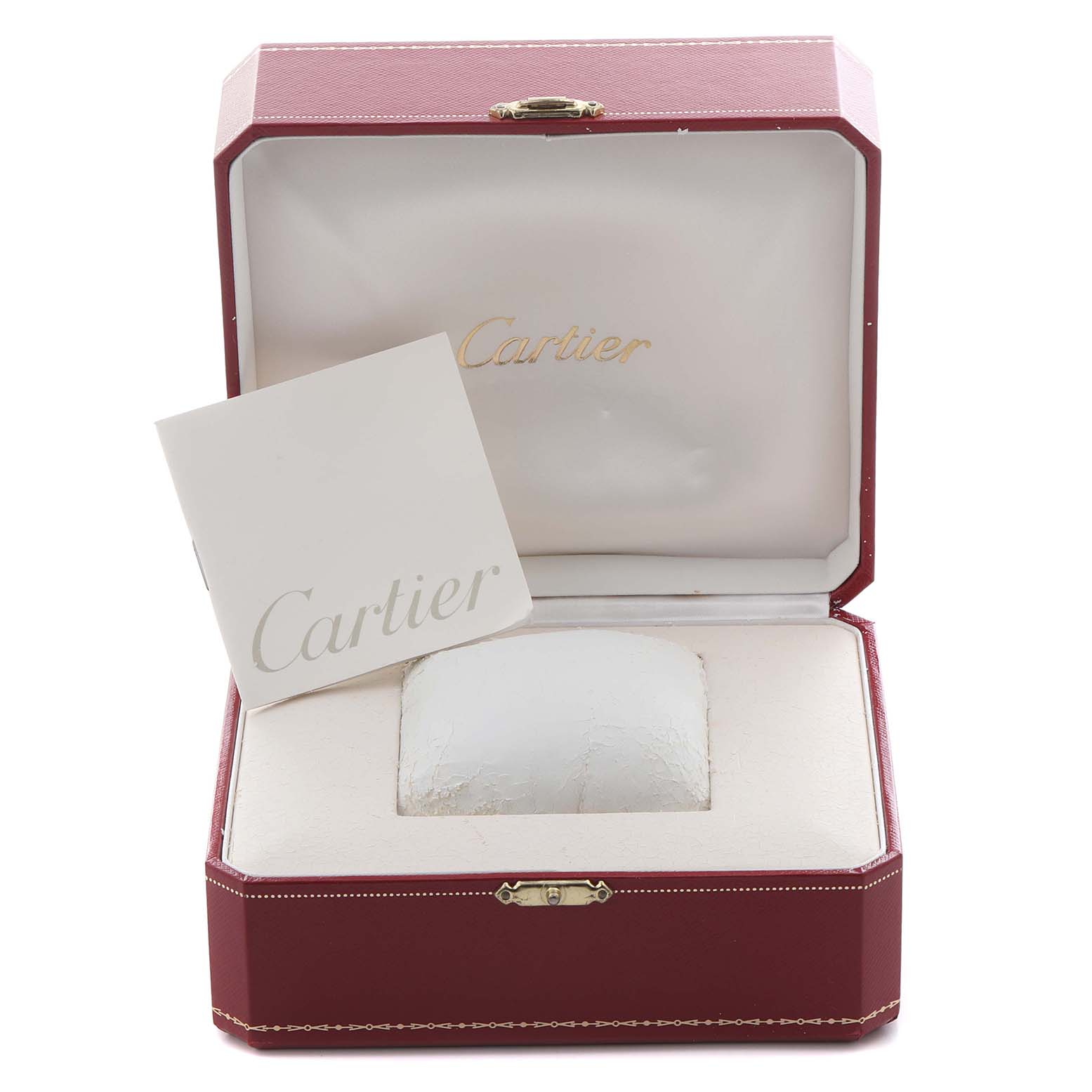 The image shows a Cartier Ronde W6701005 Men's Stainless Steel Silver Dial W6701005 Men's Stainless Steel Silver Dial watch box open, revealing a pillow insert and a booklet inside.