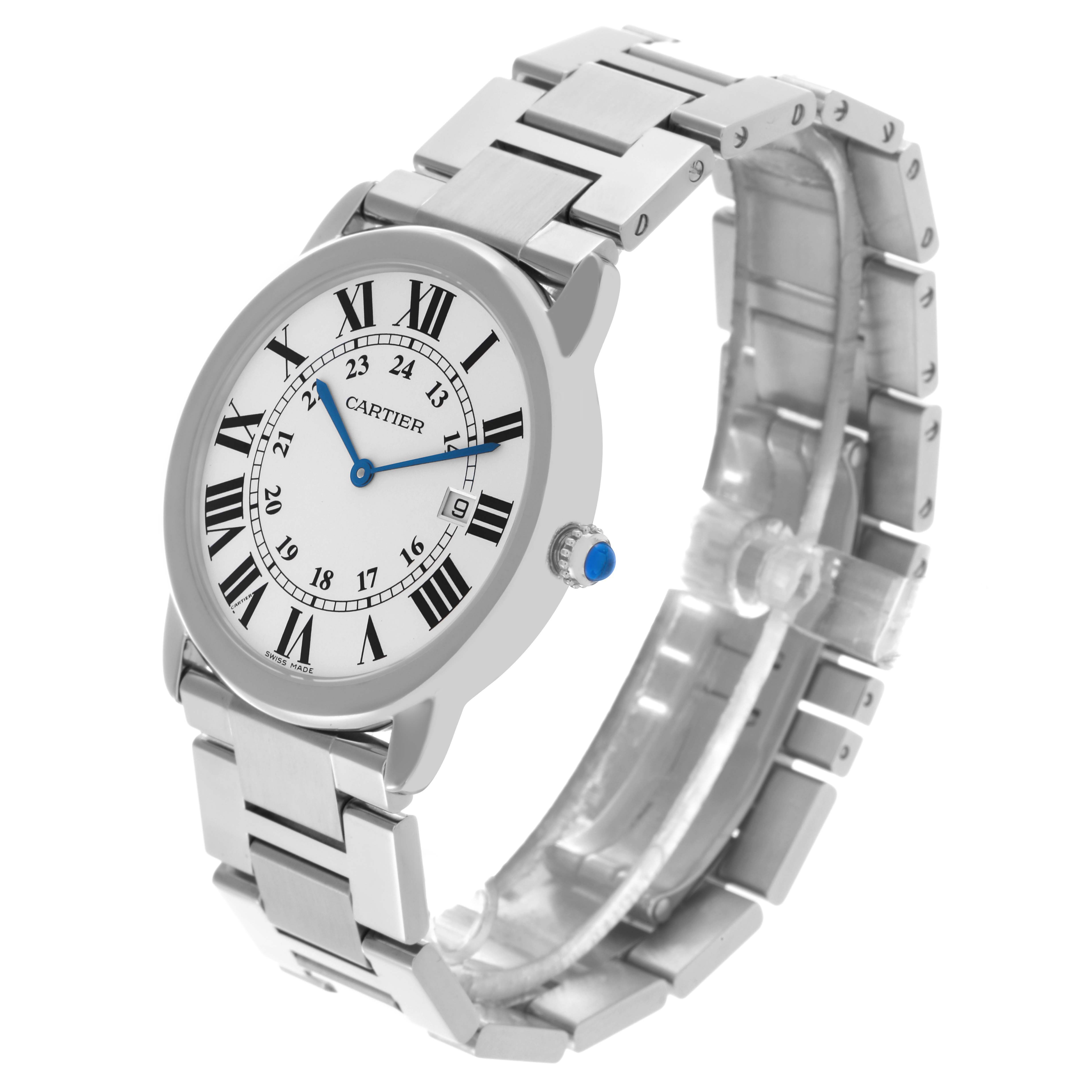 The Cartier Ronde W6701005 Men's Stainless Steel Silver Dial W6701005 Men's Stainless Steel Silver Dial watch is shown at a slight angle displaying the face, Roman numerals, blue hands, crown, and metal bracelet.