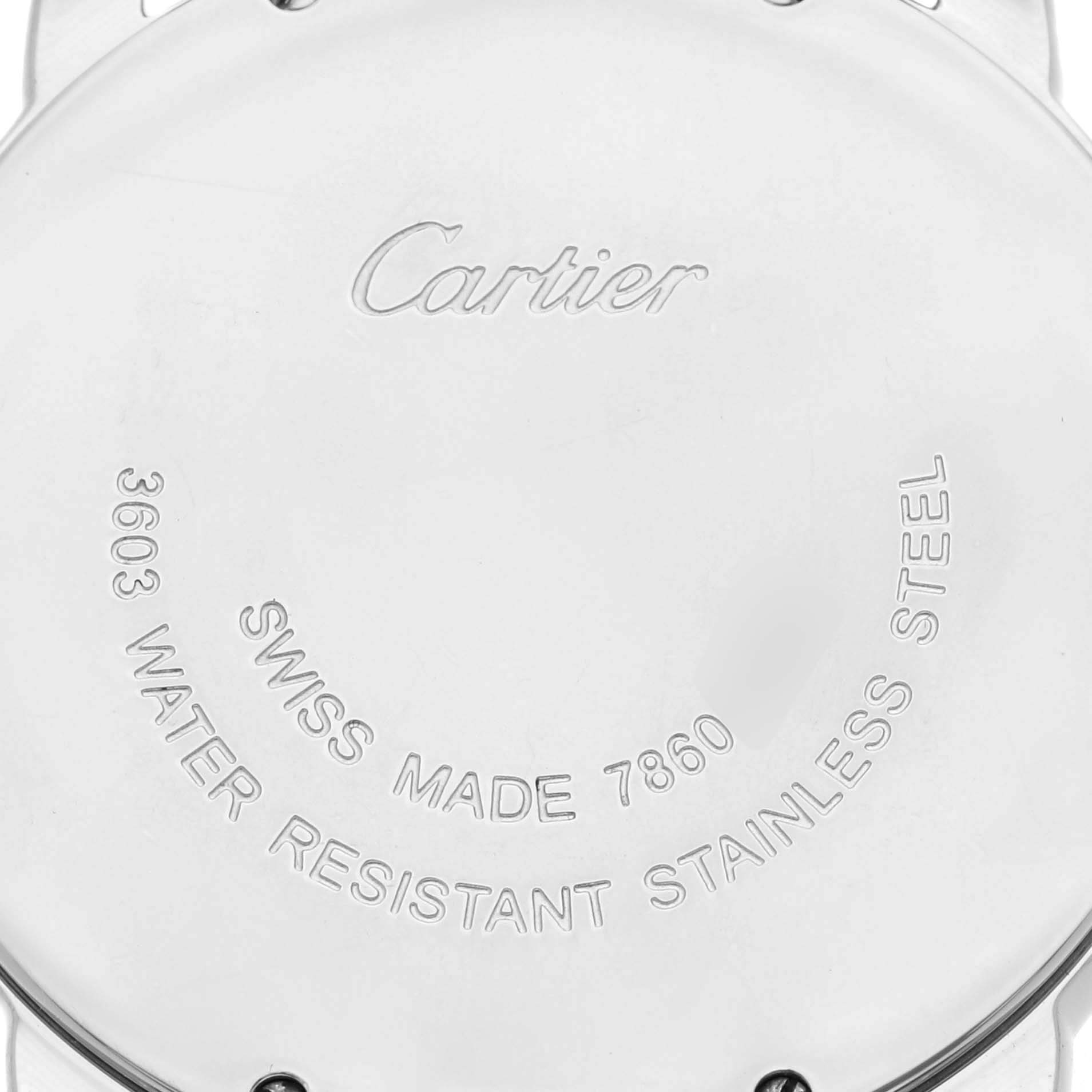 The image shows the back of a Cartier Ronde W6701005 Men's Stainless Steel Silver Dial W6701005 Men's Stainless Steel Silver Dial watch, highlighting the brand engraving and specifications.