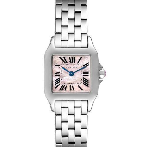The image shows a front view of the Cartier Santos Demoiselle W25075Z5 Women's Stainless Steel Mother of Pearl Dial W25075Z5 Women's Stainless Steel Mother of Pearl Dial watch, highlighting its square face, bracelet, and Roman numeral markers.