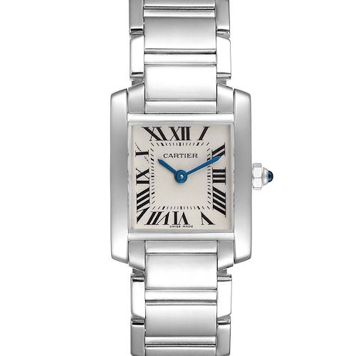 The image shows a front view of a Cartier Tank Francaise W50012S3 Women's White Gold Silver Dial W50012S3 Women's White Gold Silver Dial watch, highlighting its face and bracelet.