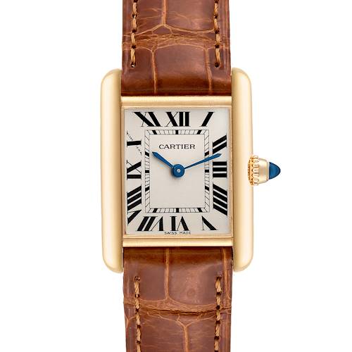 This image shows a Cartier Tank Louis W1529856 Women's Yellow Gold Silver Dial W1529856 Women's Yellow Gold Silver Dial watch, with a close-up front view highlighting the face, Roman numerals, hands, bezel, and brown leather strap.