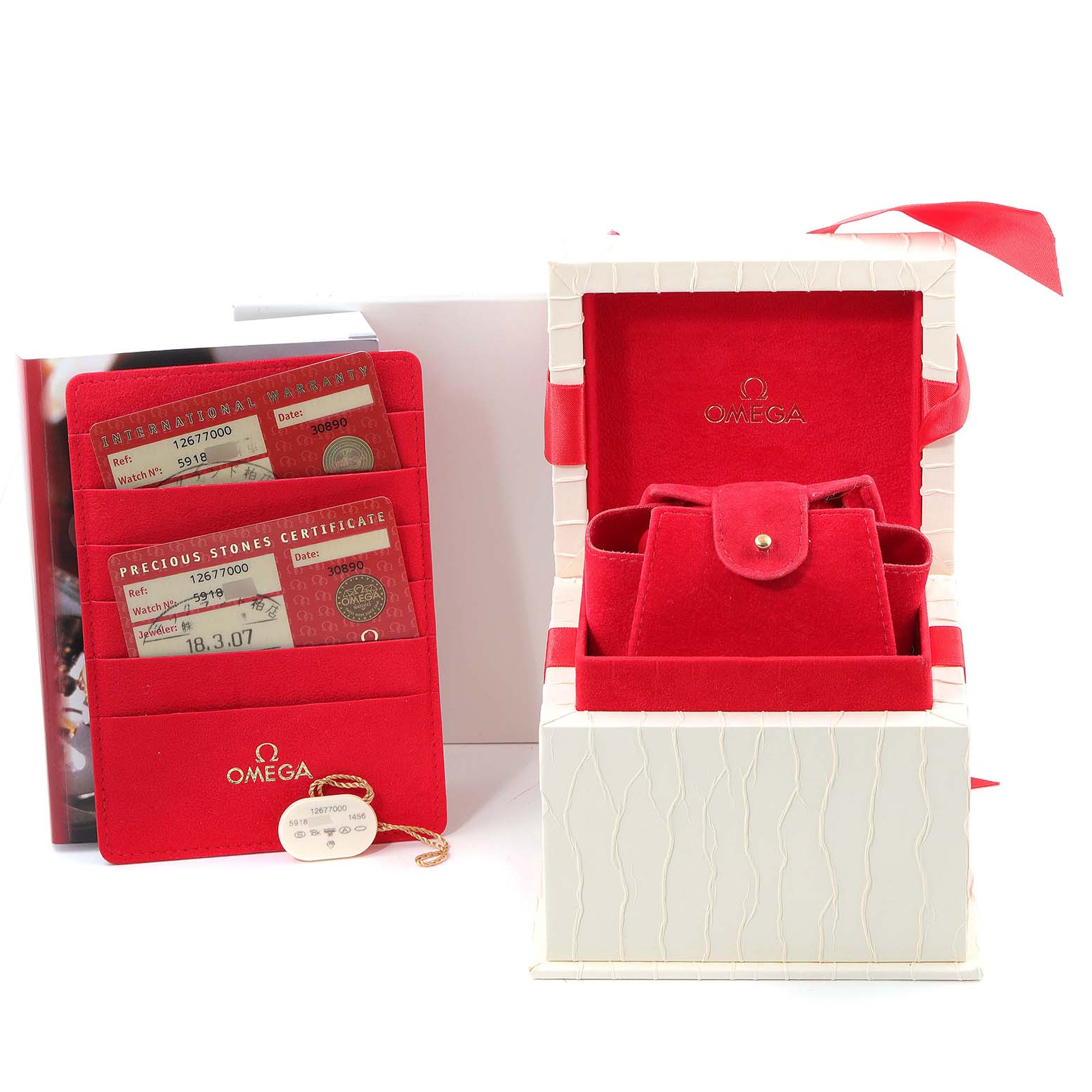 The image shows the box and cards for the Omega 1267.70.00 Women's Steel and Gold (two tone) Mother of Pearl Dial 1267.70.00 Women's Steel and Gold (two tone) Mother of Pearl Dial Constellation Steel Yellow Gold MOP Diamond Watch 1267.70.00.