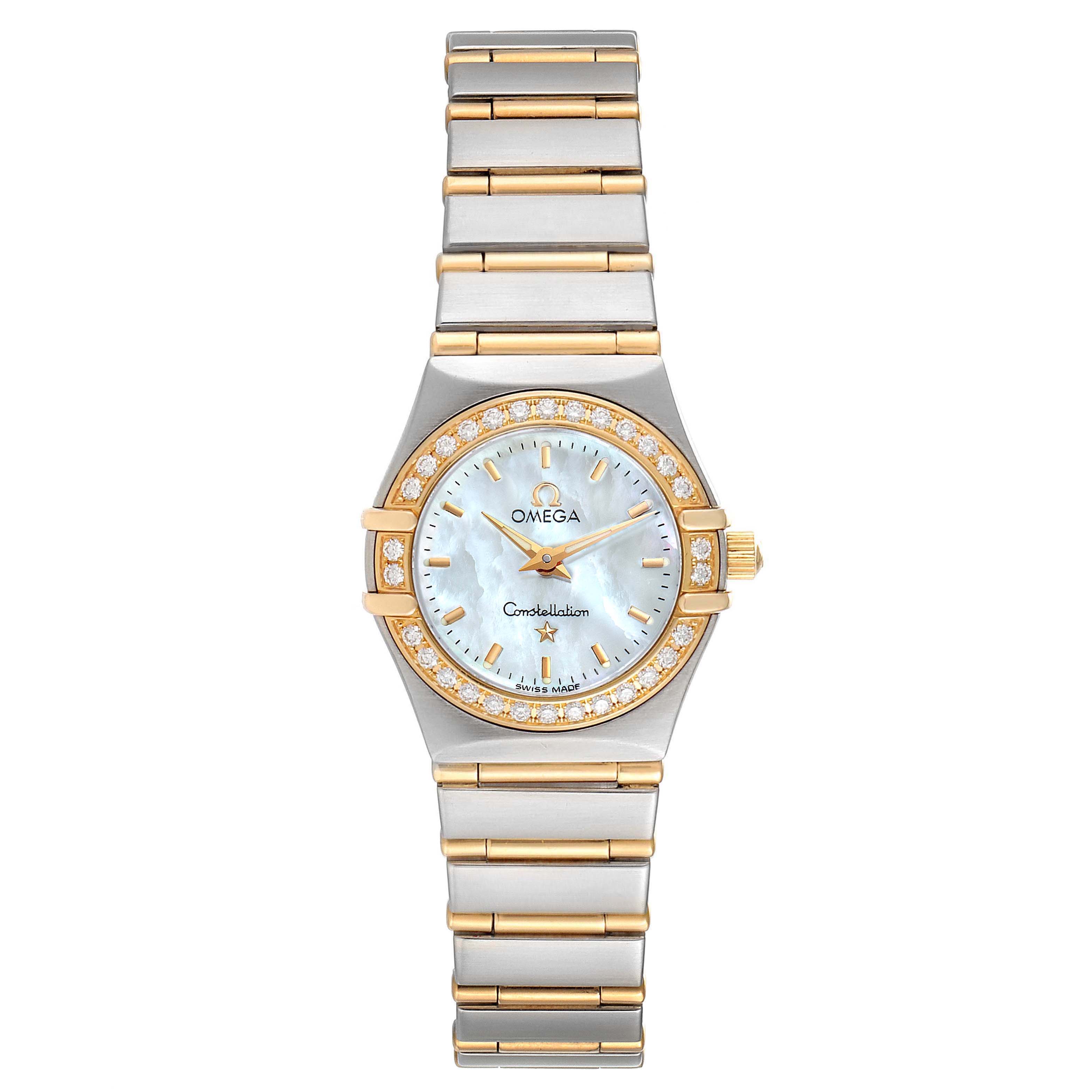 The image shows a front view of the Omega 1267.70.00 Women's Steel and Gold (two tone) Mother of Pearl Dial 1267.70.00 Women's Steel and Gold (two tone) Mother of Pearl Dial Constellation Steel Yellow Gold MOP Diamond Watch 1267.70.00 model, displaying the face and bracelet.