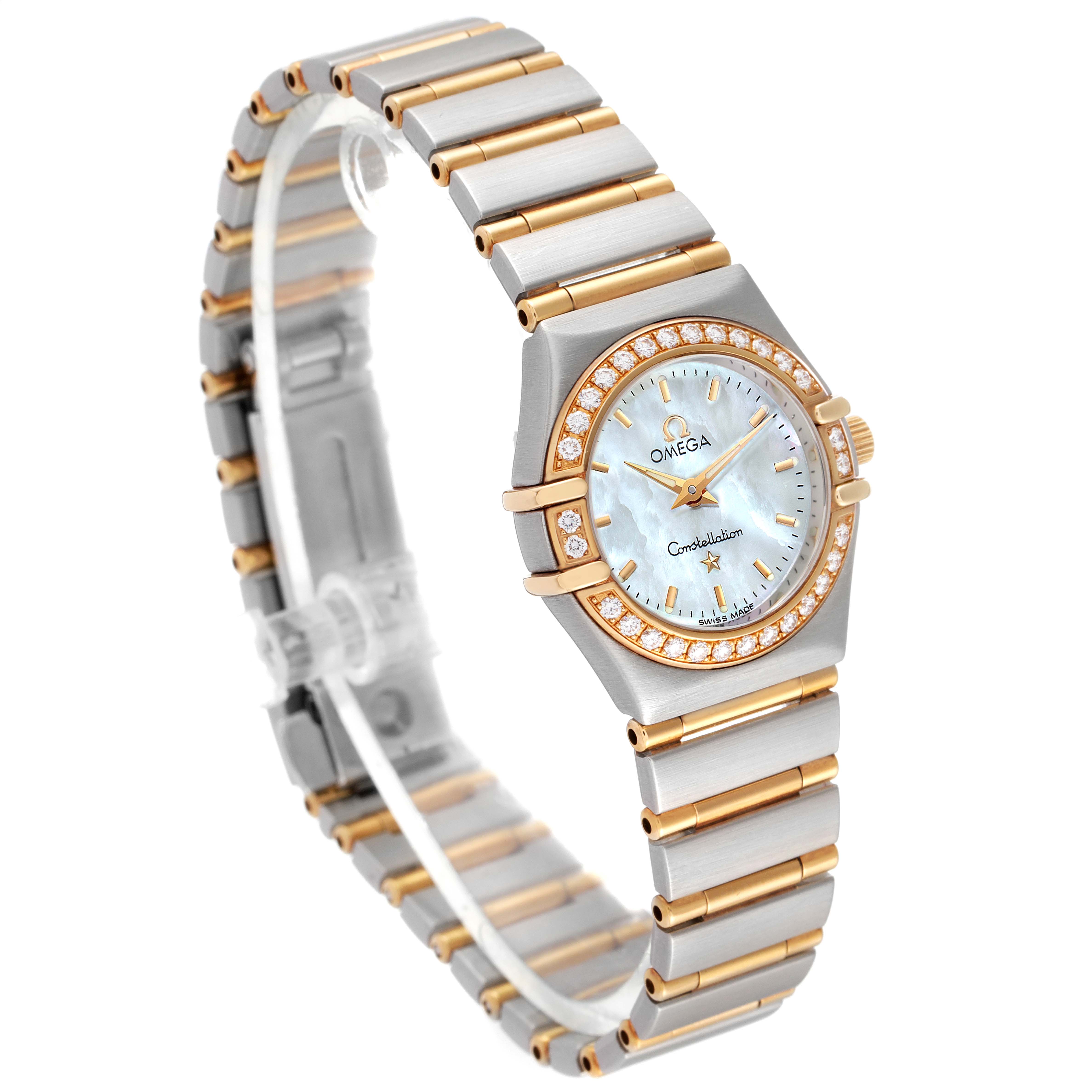 The image shows the Omega 1267.70.00 Women's Steel and Gold (two tone) Mother of Pearl Dial 1267.70.00 Women's Steel and Gold (two tone) Mother of Pearl Dial Constellation Steel Yellow Gold MOP Diamond Watch 1267.70.00 from a three-quarter angle emphasizing the face and bracelet.