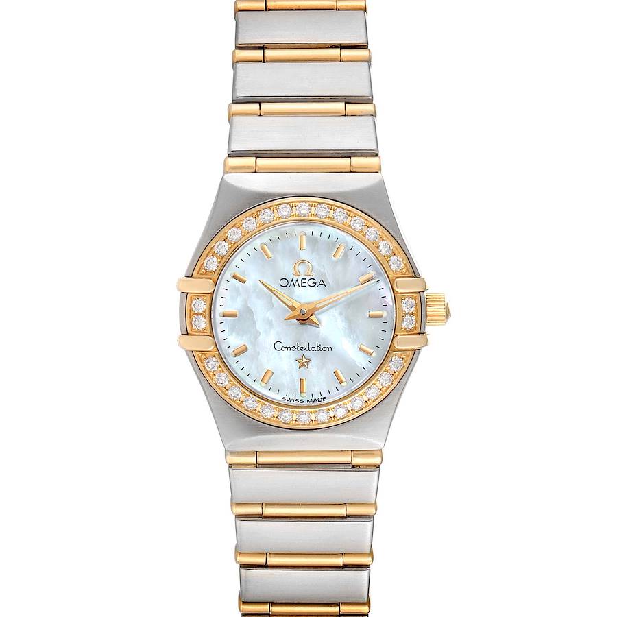 The image shows a front view of the Omega 1267.70.00 Women's Steel and Gold (two tone) Mother of Pearl Dial 1267.70.00 Women's Steel and Gold (two tone) Mother of Pearl Dial Constellation Steel Yellow Gold MOP Diamond Watch 1267.70.00, highlighting its dial, bezel, and bracelet.