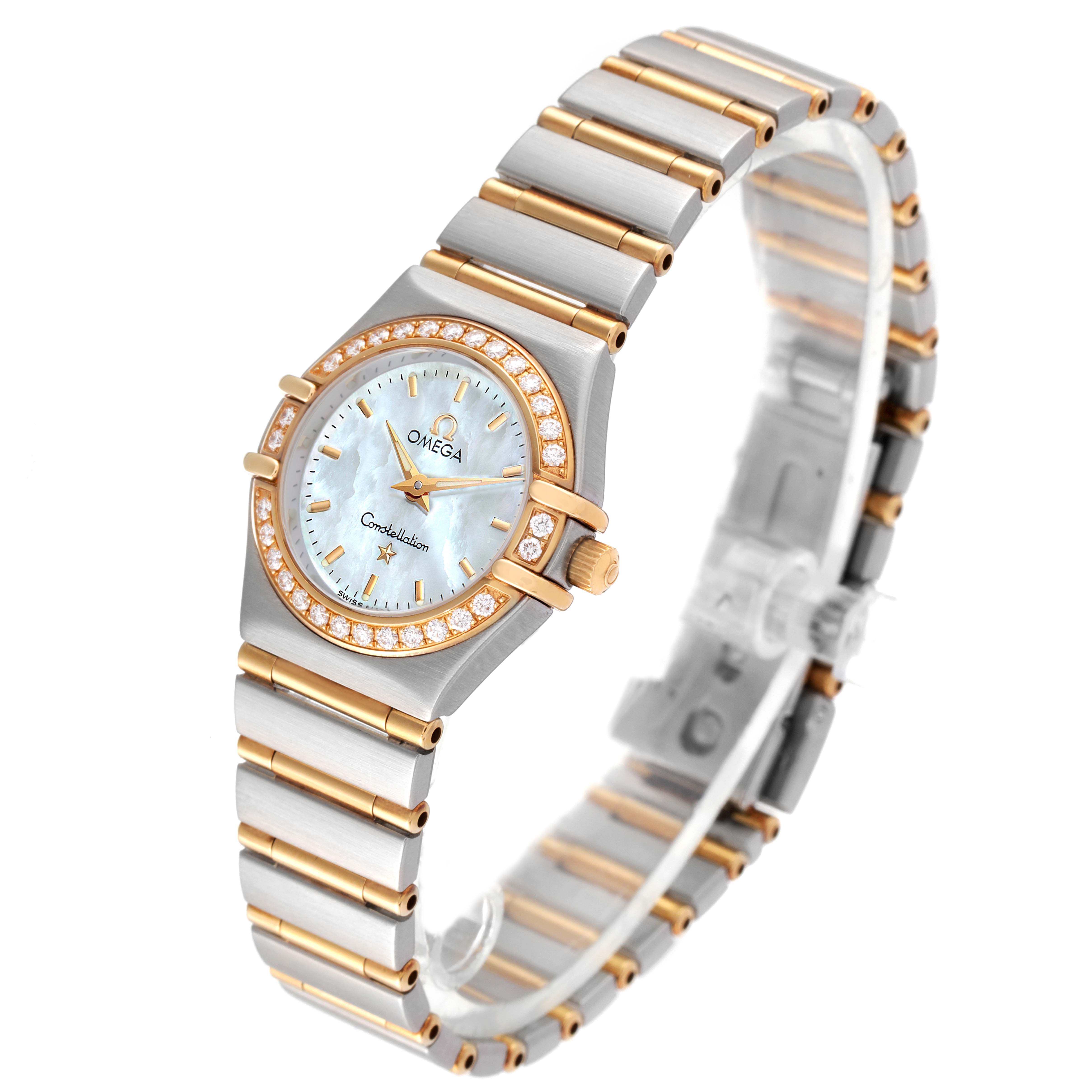 The Omega 1267.70.00 Women's Steel and Gold (two tone) Mother of Pearl Dial 1267.70.00 Women's Steel and Gold (two tone) Mother of Pearl Dial Constellation Steel Yellow Gold MOP Diamond 1267.70.00 watch is shown from a front-left angle, displaying the watch face and band.