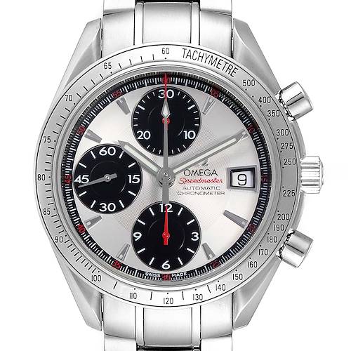 The image shows a front view of an Omega Speedmaster 3211.31.00 Men's Stainless Steel Silver Dial 3211.31.00 Men's Stainless Steel Silver Dial watch, highlighting the dial, date window, and chronograph sub-dials.