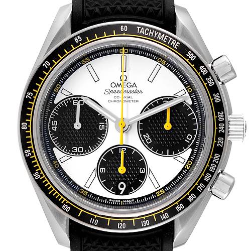 The image shows a frontal view of an Omega Speedmaster 326.32.40.50.04.001 Men's Stainless Steel White Dial 326.32.40.50.04.001 Men's Stainless Steel White Dial watch, highlighting the dial, subdials, bezel, and pushers.