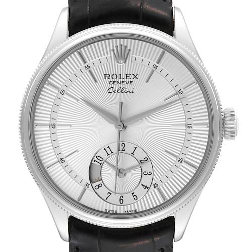 The image shows a front view of a Rolex Cellini 50529 Men's White Gold Silver Dial 50529 Men's White Gold Silver Dial watch with a silver dial, black leather strap, and intricate time markers.