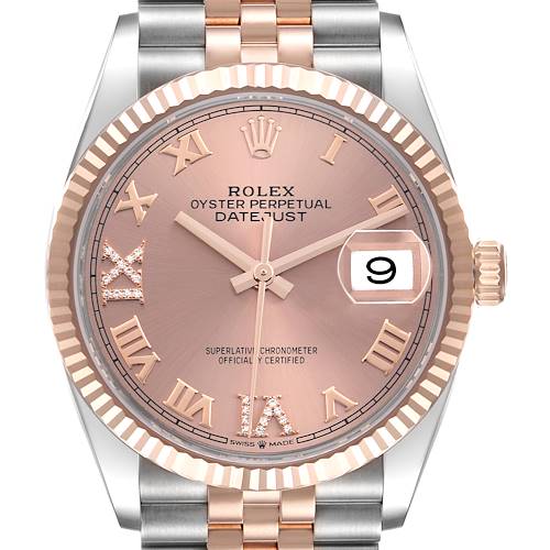 The image shows a frontal view of a Rolex Datejust 126231 Men's Steel and Gold (two tone) Pink Dial 126231 Men's Steel and Gold (two tone) Pink Dial watch, highlighting its face, bezel, and bracelet.