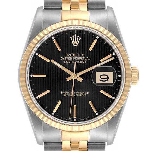 The Rolex Datejust 16233 Men's Steel and Gold (two tone) Black Dial 16233 Men's Steel and Gold (two tone) Black Dial watch is shown from a front view, highlighting the black dial, gold fluted bezel, and two-tone bracelet.