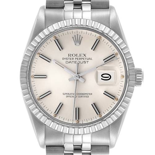 The Rolex Datejust 16030 Men's Stainless Steel Silver Dial 16030 Men's Stainless Steel Silver Dial watch is shown from a front angle, highlighting the dial, bezel, crown, and part of the bracelet.