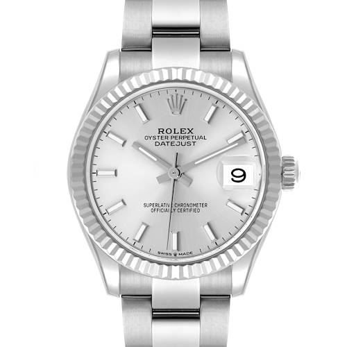 The Rolex Datejust Mid-Size watch is shown from a front angle, featuring its dial, bezel, crown, and part of the bracelet.