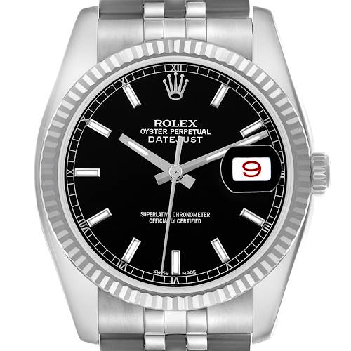 The Rolex Datejust 116234 Men's Stainless Steel Black Dial 116234 Men's Stainless Steel Black Dial is shown from the front, highlighting the black dial, fluted bezel, date window, and part of the bracelet.